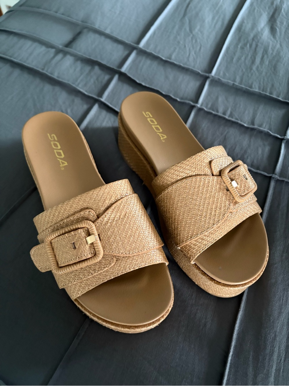 SODA Tan Woven Buckle Slide Sandals WORN ONCE